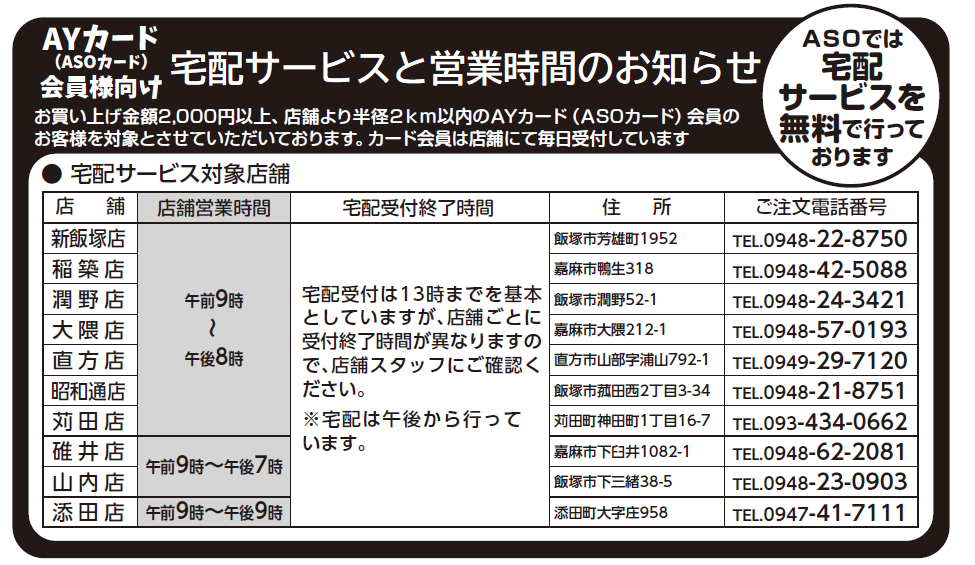 AYカード（ASOカード）会員様向け 宅配サービスと営業時間のお知らせ お買い上げ金額2,000円以上、店舗より半径2km以内のAYカード（ASOカード）会員のお客様を対象とさせていただいております。カード会員は店舗にて毎日受付しています。